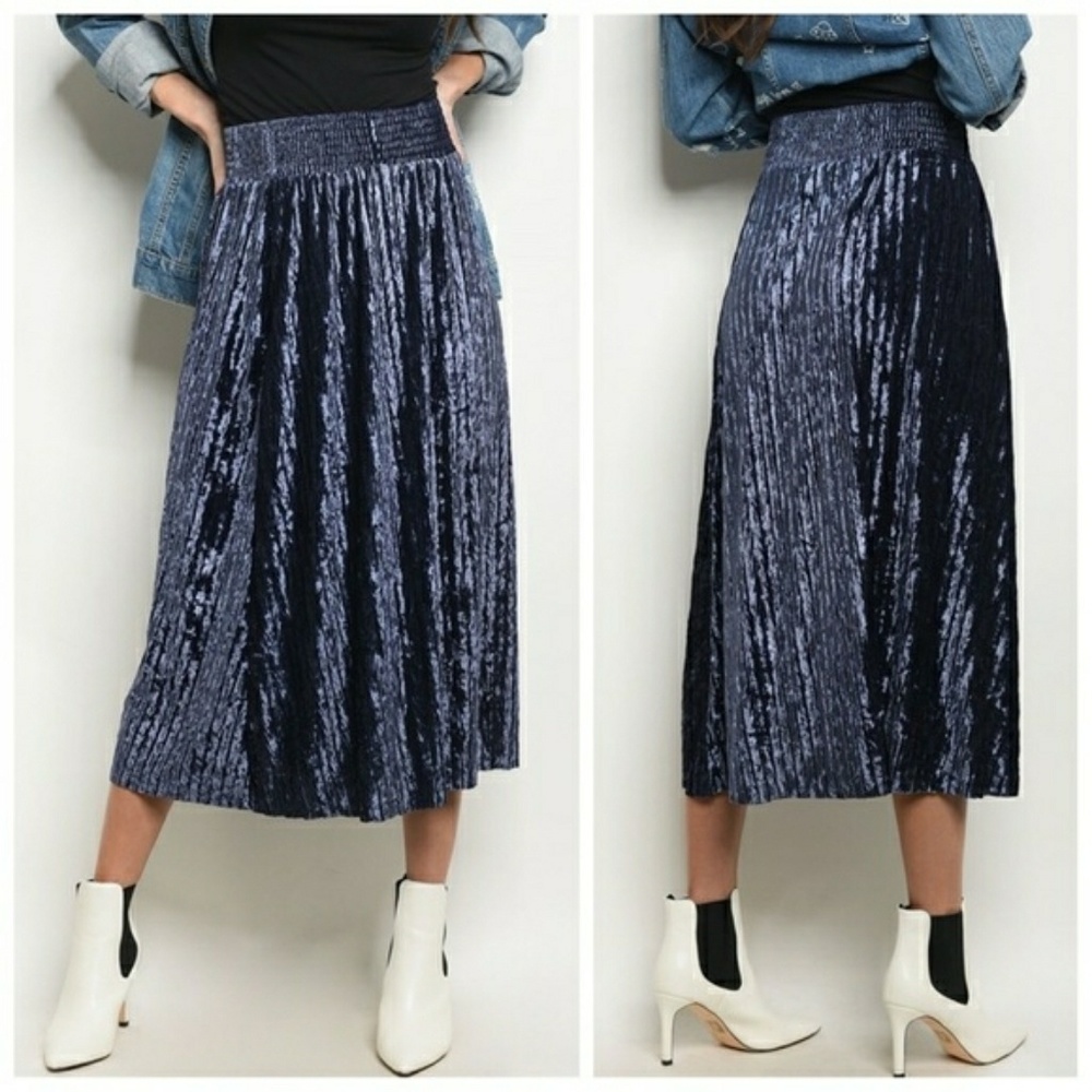 Navy Blue Crushed Velvet Pleated Midi Skirt!